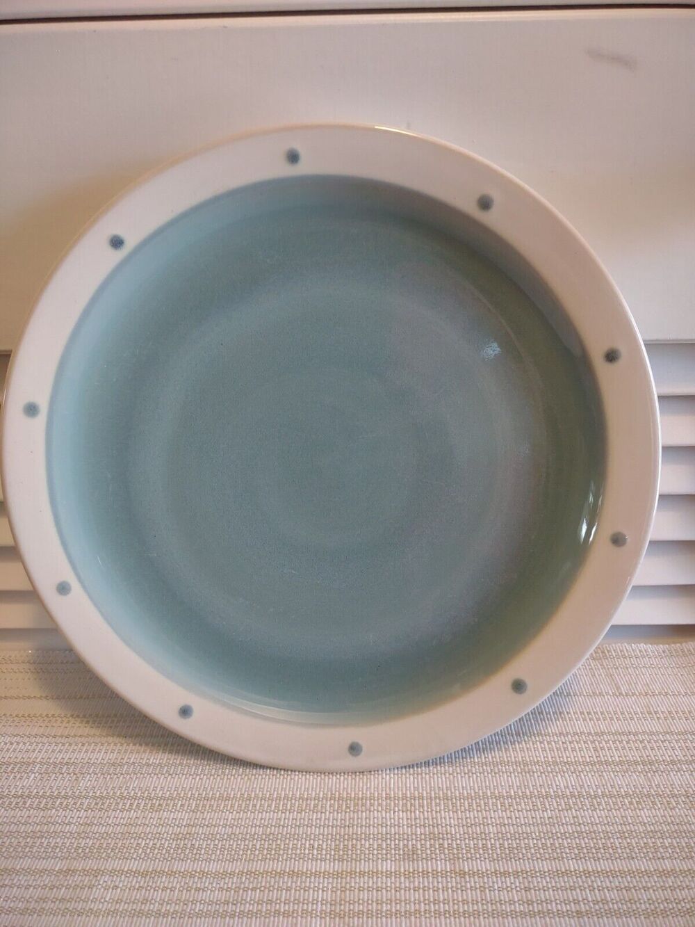 SANGO Newport AQUA Stoneware Dinner Plate white polka dot rim blue center